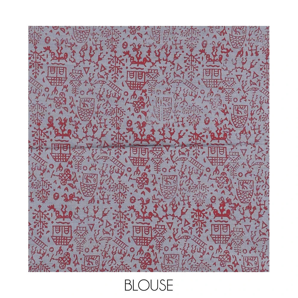 Pothys Red Poly Cotton Saree, Ornamented with Pichwai Cow and Floral Print, a Self-Pallu, and a Contrast Warli Print Blouse