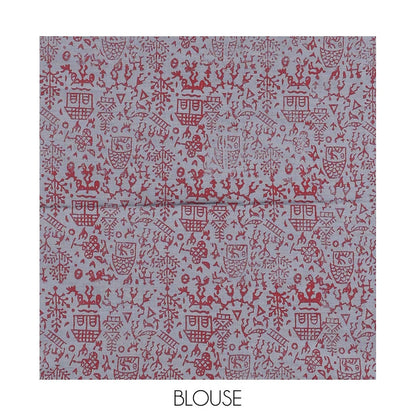 Pothys Red Poly Cotton Saree, Ornamented with Pichwai Cow and Floral Print, a Self-Pallu, and a Contrast Warli Print Blouse