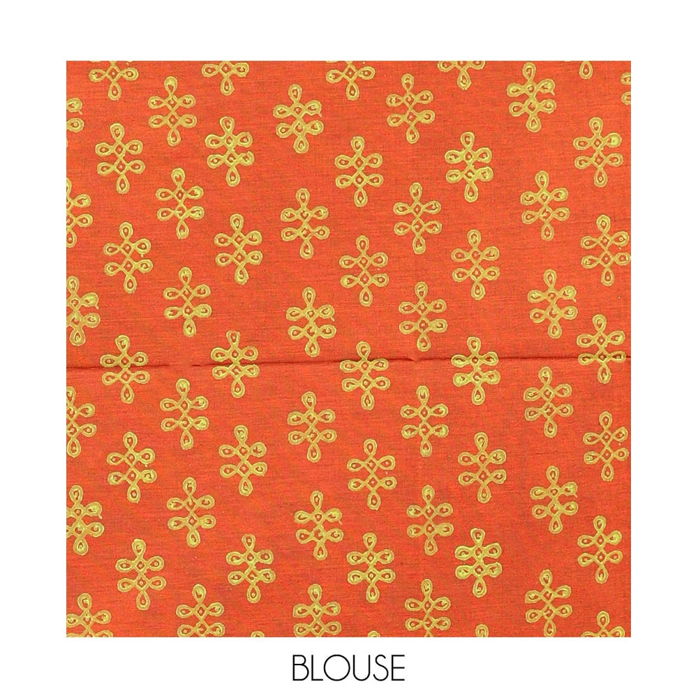 Pothys Borderless Green Poly Cotton Saree, Accentuated with Instrument Motifs Print, a Self-Pallu, and a Contrast Kolam Motifs Print Blouse