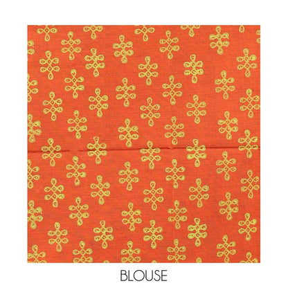 Pothys Borderless Green Poly Cotton Saree, Accentuated with Instrument Motifs Print, a Self-Pallu, and a Contrast Kolam Motifs Print Blouse