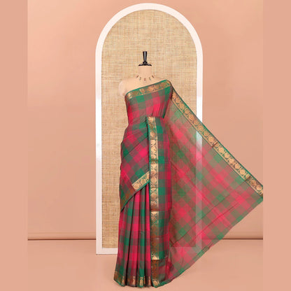 Pothys Green-Pink Chettinad Cotton Saree, Elevated with Checks, Zari Border of House Motifs, and Matching Blouse