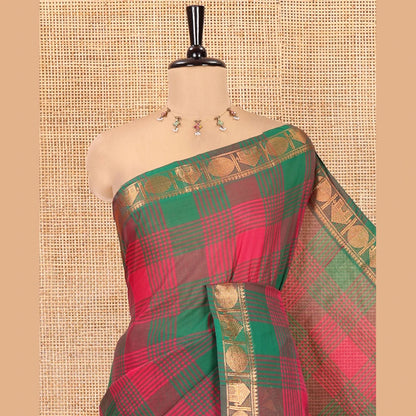 Pothys Green-Pink Chettinad Cotton Saree, Elevated with Checks, Zari Border of House Motifs, and Matching Blouse