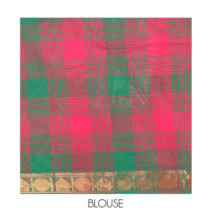 Pothys Green-Pink Chettinad Cotton Saree, Elevated with Checks, Zari Border of House Motifs, and Matching Blouse