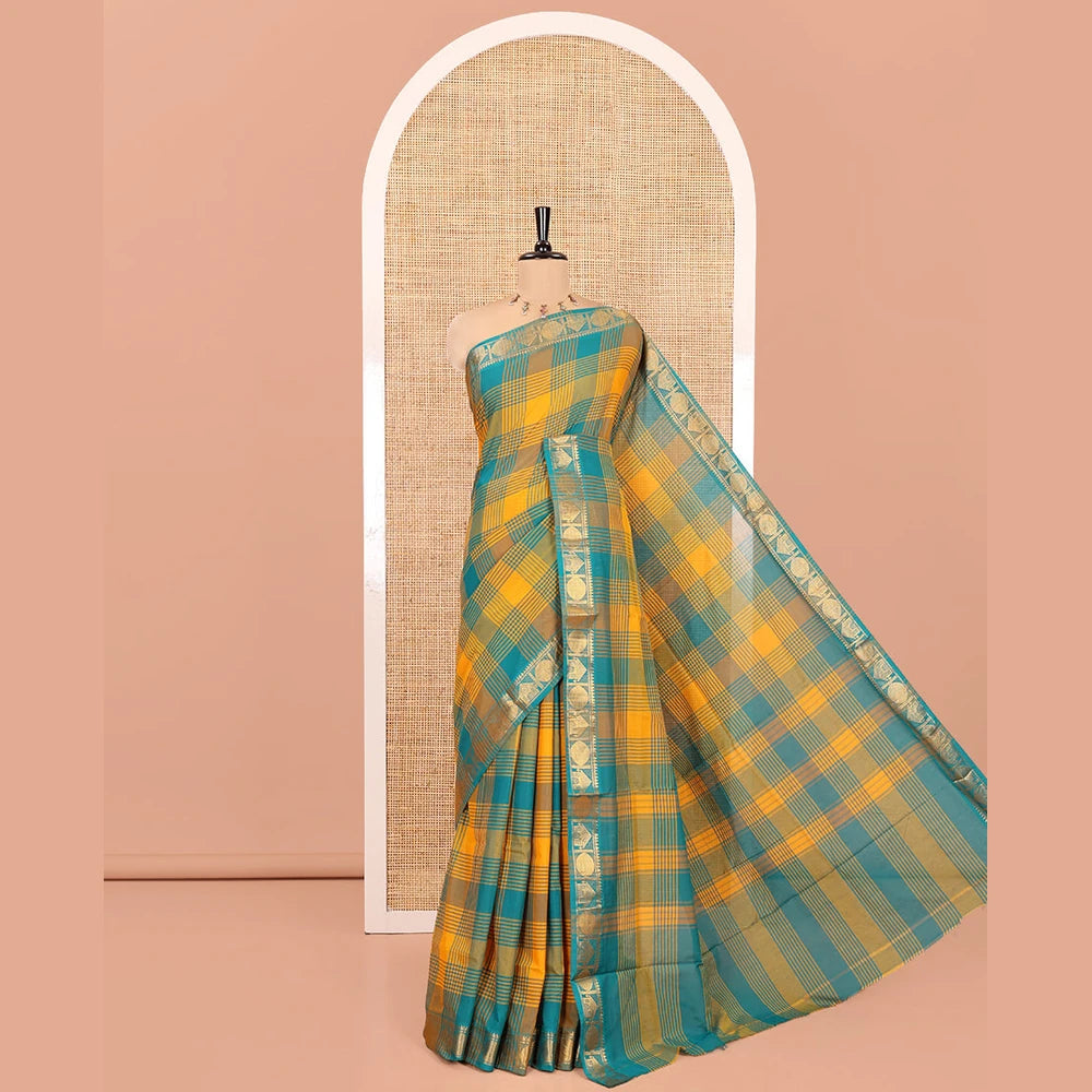 Pothys Yellow-Rama Chettinad Cotton Saree, Adorned with Checks, Zari Border of House Motifs, and Matching Blouse