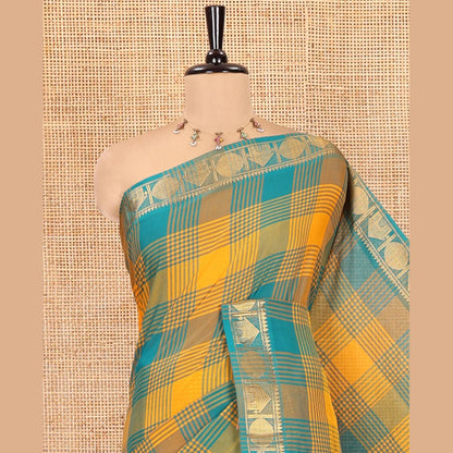 Pothys Yellow-Rama Chettinad Cotton Saree, Adorned with Checks, Zari Border of House Motifs, and Matching Blouse