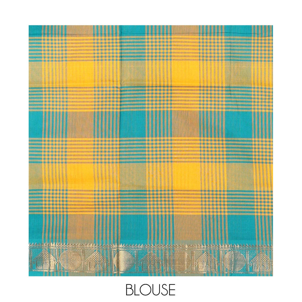 Pothys Yellow-Rama Chettinad Cotton Saree, Adorned with Checks, Zari Border of House Motifs, and Matching Blouse