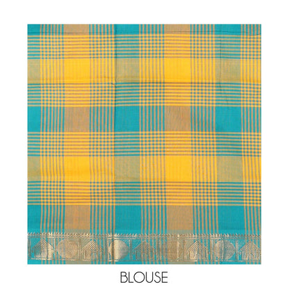 Pothys Yellow-Rama Chettinad Cotton Saree, Adorned with Checks, Zari Border of House Motifs, and Matching Blouse