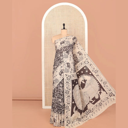 Pothys Black Machine Printed Kalamkari Cotton Saree Features a Floral Vine, Contrast Pichwai-Printed Border, Peacock-Printed Pallu, and a Matching Blouse