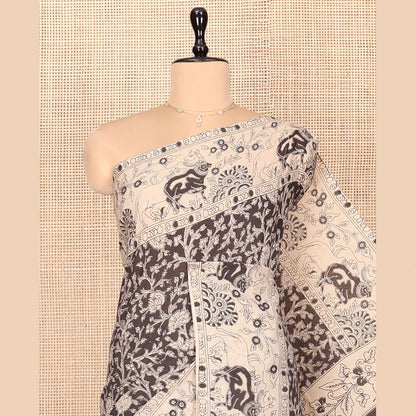 Pothys Black Machine Printed Kalamkari Cotton Saree Features a Floral Vine, Contrast Pichwai-Printed Border, Peacock-Printed Pallu, and a Matching Blouse