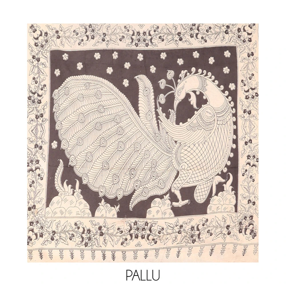 Pothys Black Machine Printed Kalamkari Cotton Saree Features a Floral Vine, Contrast Pichwai-Printed Border, Peacock-Printed Pallu, and a Matching Blouse