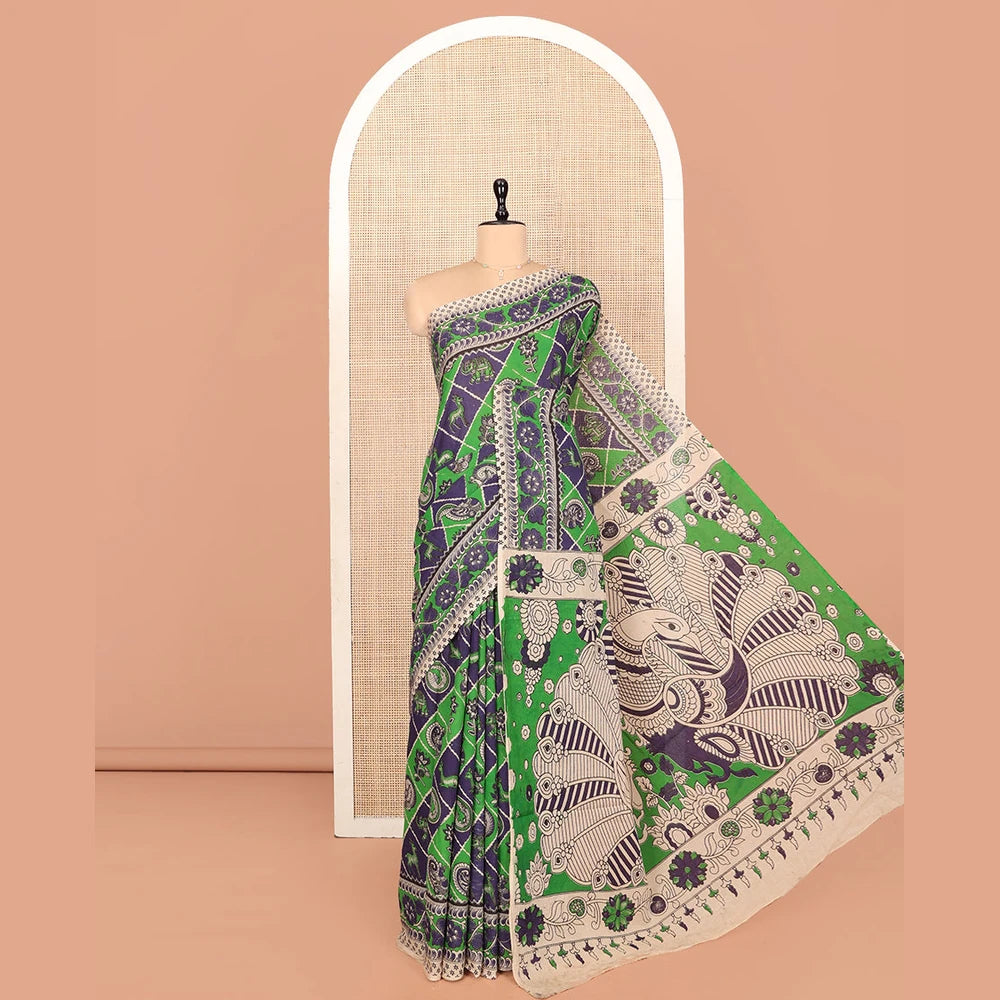 Pothys Blue-Green Machine-Printed Kalamkari Cotton Saree Features Butta Enclosed Jaal, Floral Printed Border, Pallu of Peacocks, and a Contrast Blouse