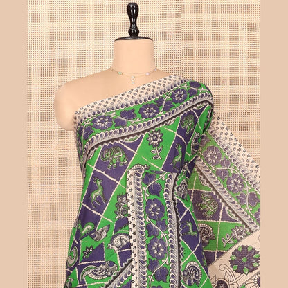 Pothys Blue-Green Machine-Printed Kalamkari Cotton Saree Features Butta Enclosed Jaal, Floral Printed Border, Pallu of Peacocks, and a Contrast Blouse
