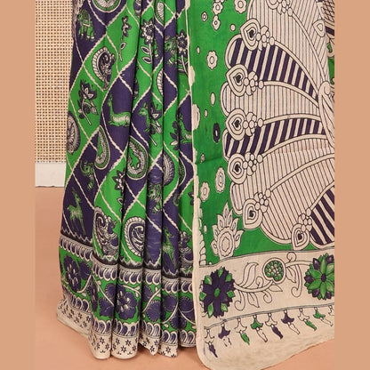 Pothys Blue-Green Machine-Printed Kalamkari Cotton Saree Features Butta Enclosed Jaal, Floral Printed Border, Pallu of Peacocks, and a Contrast Blouse
