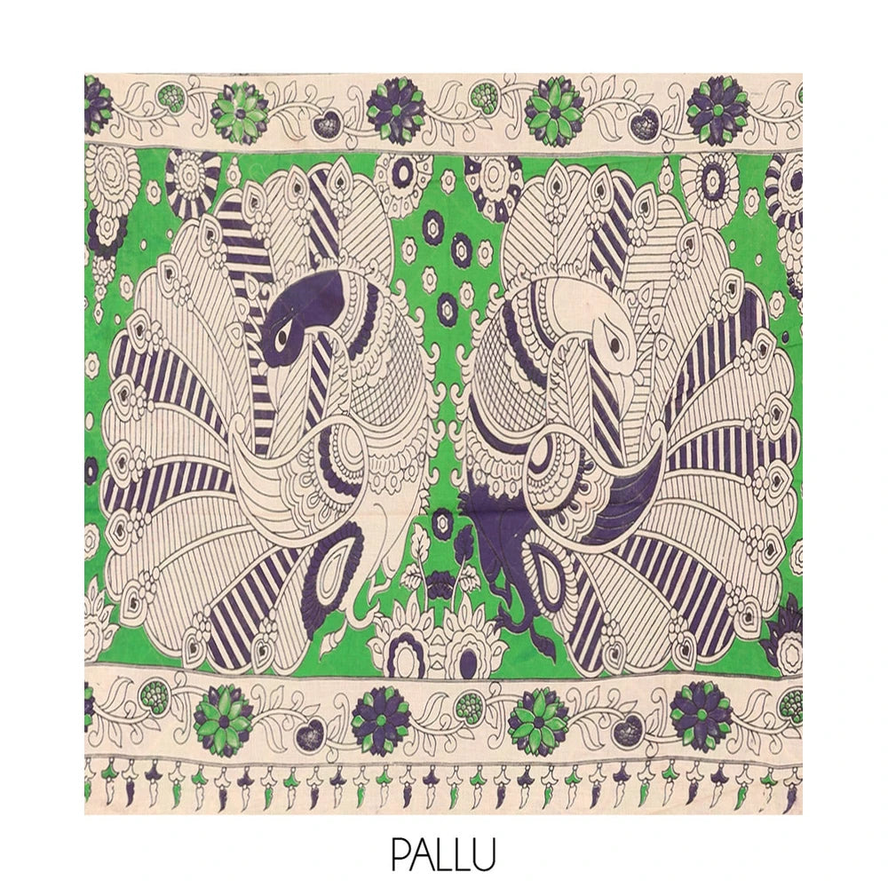 Pothys Blue-Green Machine-Printed Kalamkari Cotton Saree Features Butta Enclosed Jaal, Floral Printed Border, Pallu of Peacocks, and a Contrast Blouse