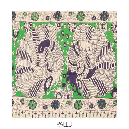 Pothys Blue-Green Machine-Printed Kalamkari Cotton Saree Features Butta Enclosed Jaal, Floral Printed Border, Pallu of Peacocks, and a Contrast Blouse