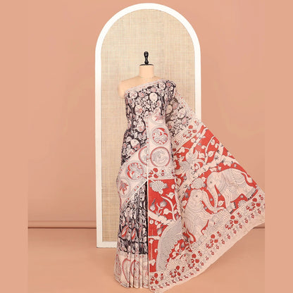 Pothys Black Machine-Printed Kalamkari Cotton Saree Features Flora-Fauna Design, Contrast Round Peacock Printed Border, Pallu of Fauna Design, and a Contrast Blouse