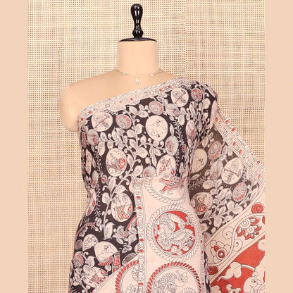 Pothys Black Machine-Printed Kalamkari Cotton Saree Features Flora-Fauna Design, Contrast Round Peacock Printed Border, Pallu of Fauna Design, and a Contrast Blouse
