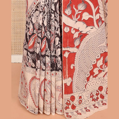 Pothys Black Machine-Printed Kalamkari Cotton Saree Features Flora-Fauna Design, Contrast Round Peacock Printed Border, Pallu of Fauna Design, and a Contrast Blouse