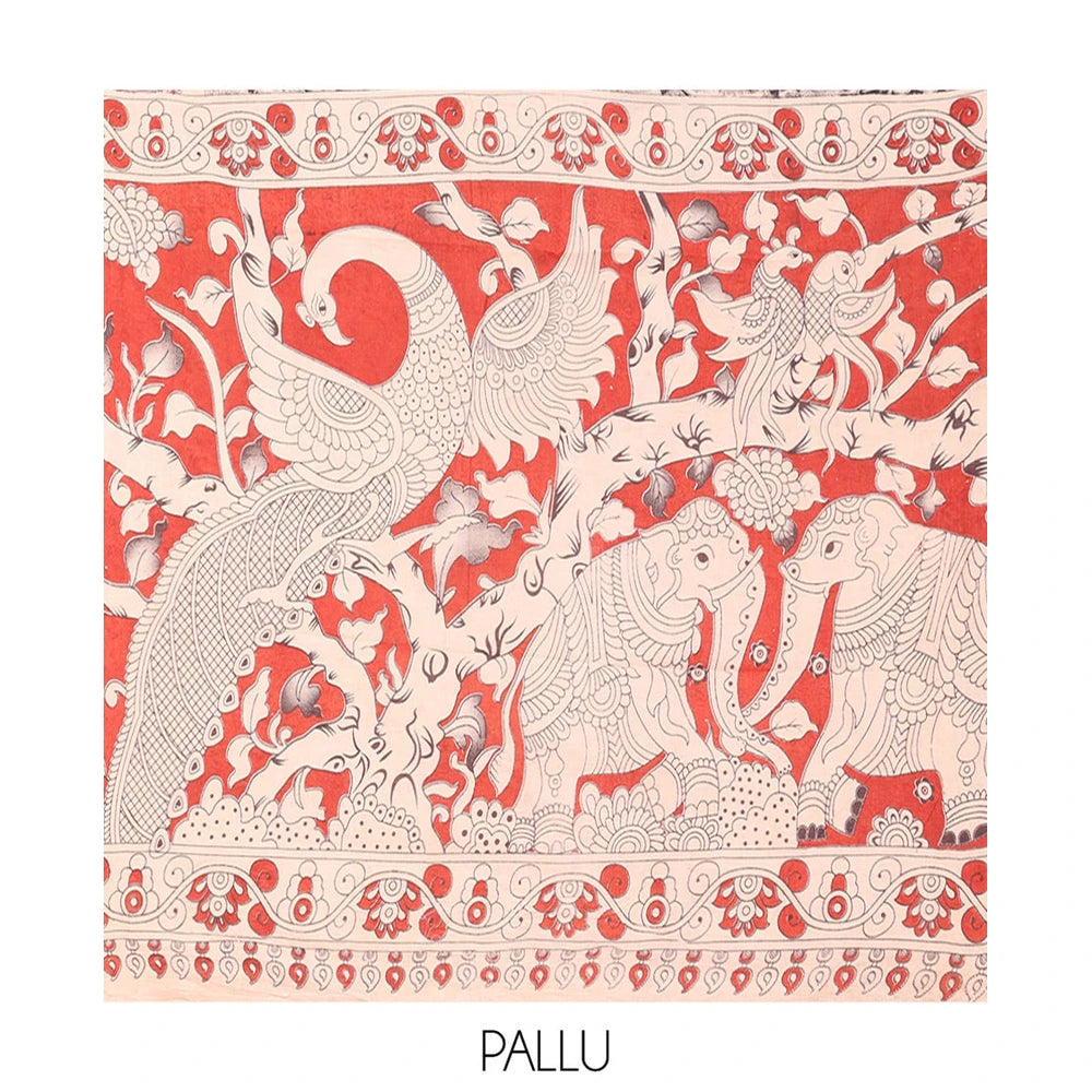 Pothys Black Machine-Printed Kalamkari Cotton Saree Features Flora-Fauna Design, Contrast Round Peacock Printed Border, Pallu of Fauna Design, and a Contrast Blouse