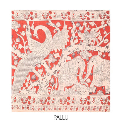 Pothys Black Machine-Printed Kalamkari Cotton Saree Features Flora-Fauna Design, Contrast Round Peacock Printed Border, Pallu of Fauna Design, and a Contrast Blouse