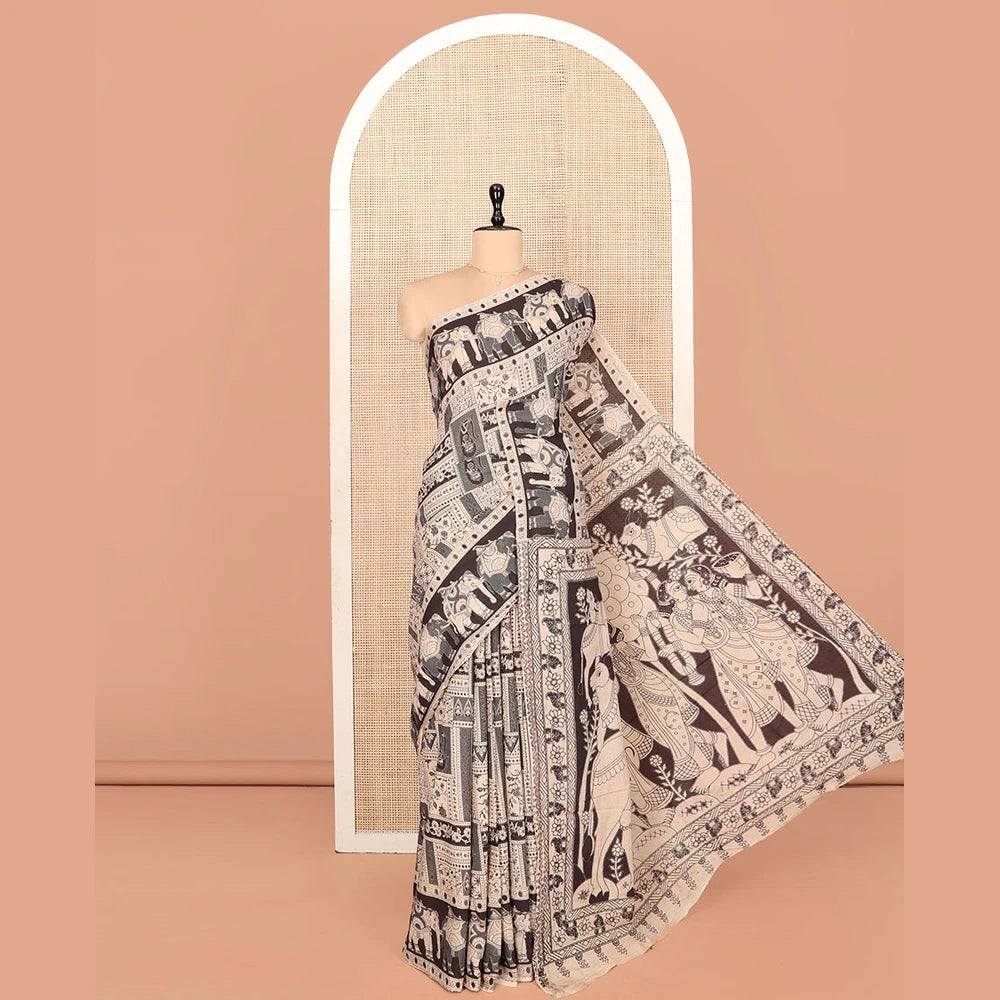 Pothys Sandal-Black Machine-Printed Kalamkari Cotton Saree Features Unique Motifs, an Elephant-Printed Border, a Pallu of Lord Krishna Motifs, and a Matching Blouse
