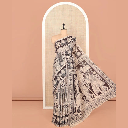 Pothys Sandal-Black Machine-Printed Kalamkari Cotton Saree Features Unique Motifs, an Elephant-Printed Border, a Pallu of Lord Krishna Motifs, and a Matching Blouse