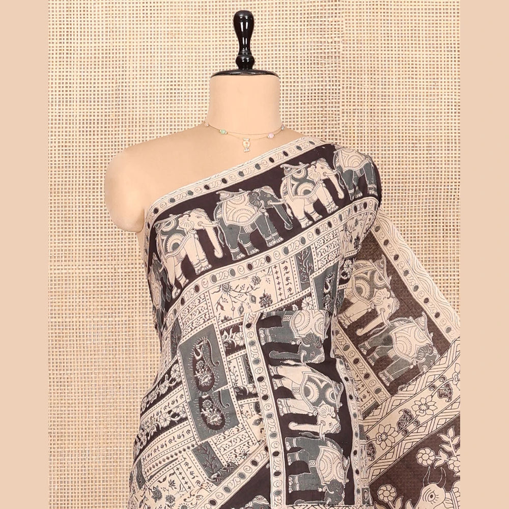 Pothys Sandal-Black Machine-Printed Kalamkari Cotton Saree Features Unique Motifs, an Elephant-Printed Border, a Pallu of Lord Krishna Motifs, and a Matching Blouse