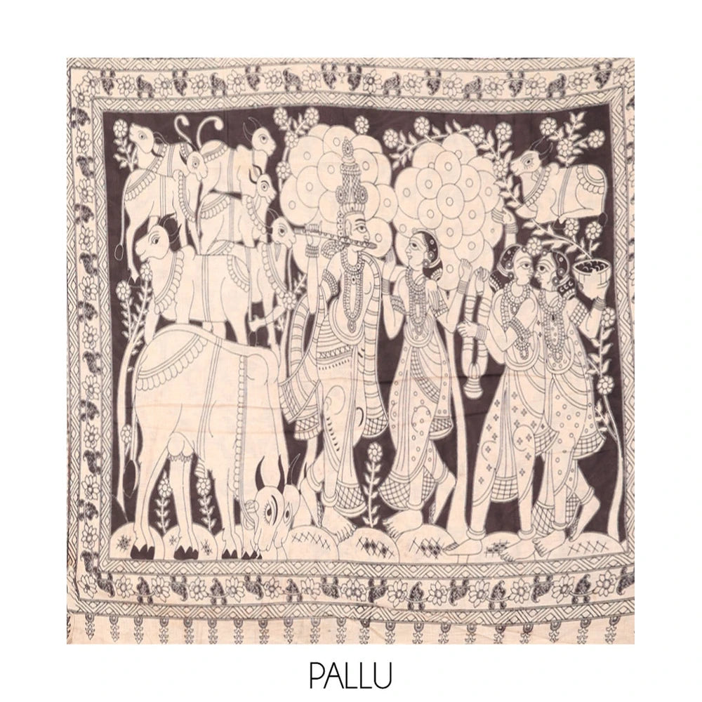 Pothys Sandal-Black Machine-Printed Kalamkari Cotton Saree Features Unique Motifs, an Elephant-Printed Border, a Pallu of Lord Krishna Motifs, and a Matching Blouse