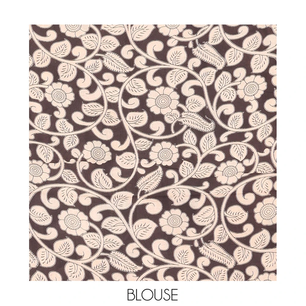 Pothys Sandal-Black Machine-Printed Kalamkari Cotton Saree Features Unique Motifs, an Elephant-Printed Border, a Pallu of Lord Krishna Motifs, and a Matching Blouse