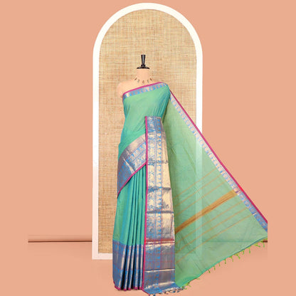 Pothys Rama Green Plain Checked Chettinad Cotton Saree, Contrast Traditional Zari Peacock-Elephant Border, and Matching Blouse