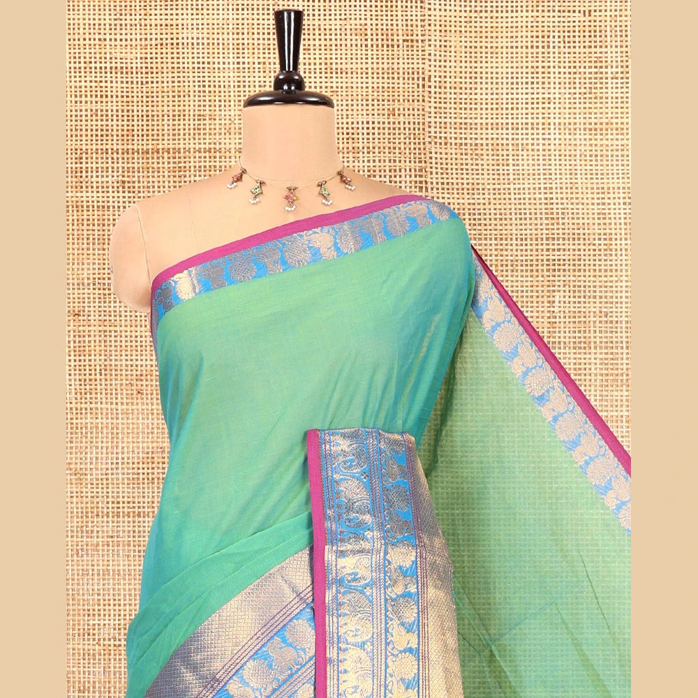 Pothys Rama Green Plain Checked Chettinad Cotton Saree, Contrast Traditional Zari Peacock-Elephant Border, and Matching Blouse
