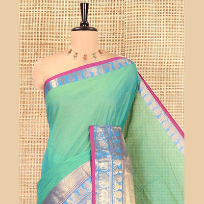 Pothys Rama Green Plain Checked Chettinad Cotton Saree, Contrast Traditional Zari Peacock-Elephant Border, and Matching Blouse