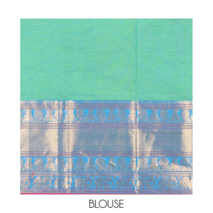 Pothys Rama Green Plain Checked Chettinad Cotton Saree, Contrast Traditional Zari Peacock-Elephant Border, and Matching Blouse