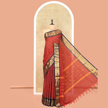 Pothys Maroon Chettinad Cotton Saree, Adorned with Buttas Enclosed Checks, Contrast Traditional Zari Border, and a Matching Blouse
