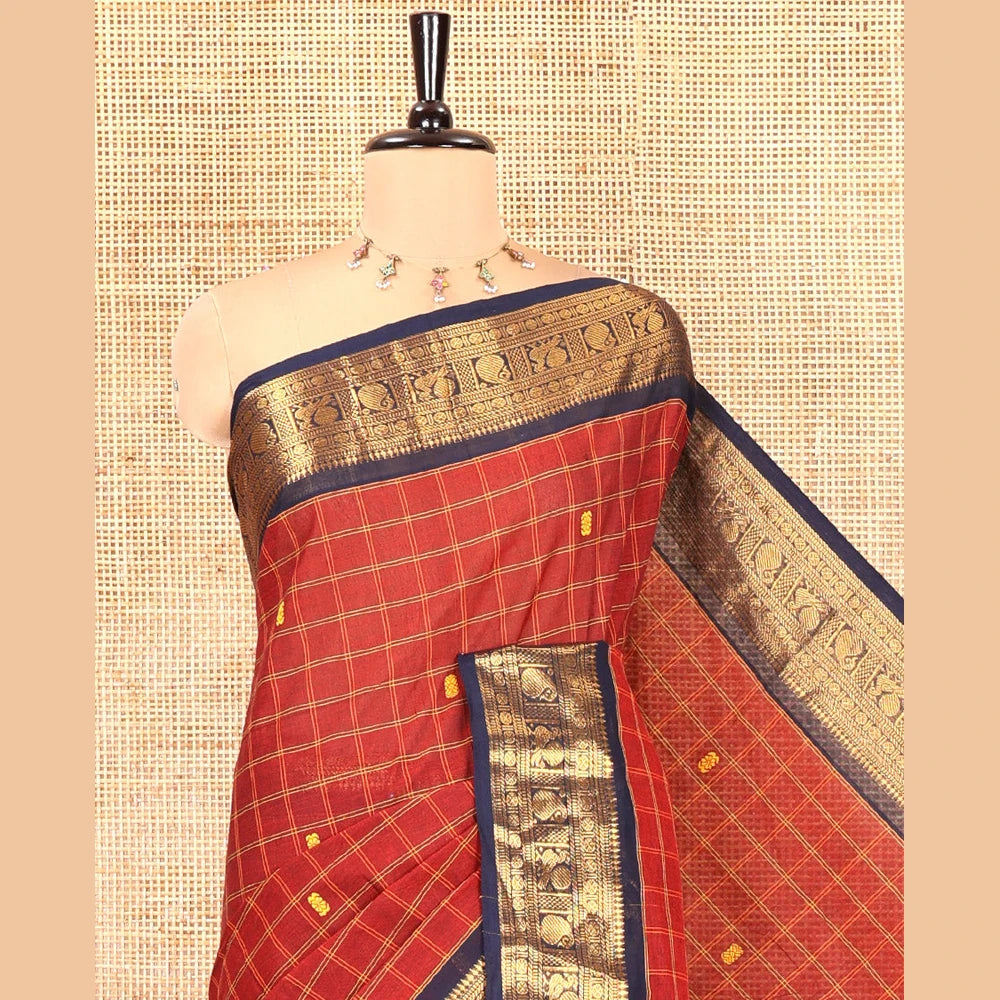 Pothys Maroon Chettinad Cotton Saree, Adorned with Buttas Enclosed Checks, Contrast Traditional Zari Border, and a Matching Blouse