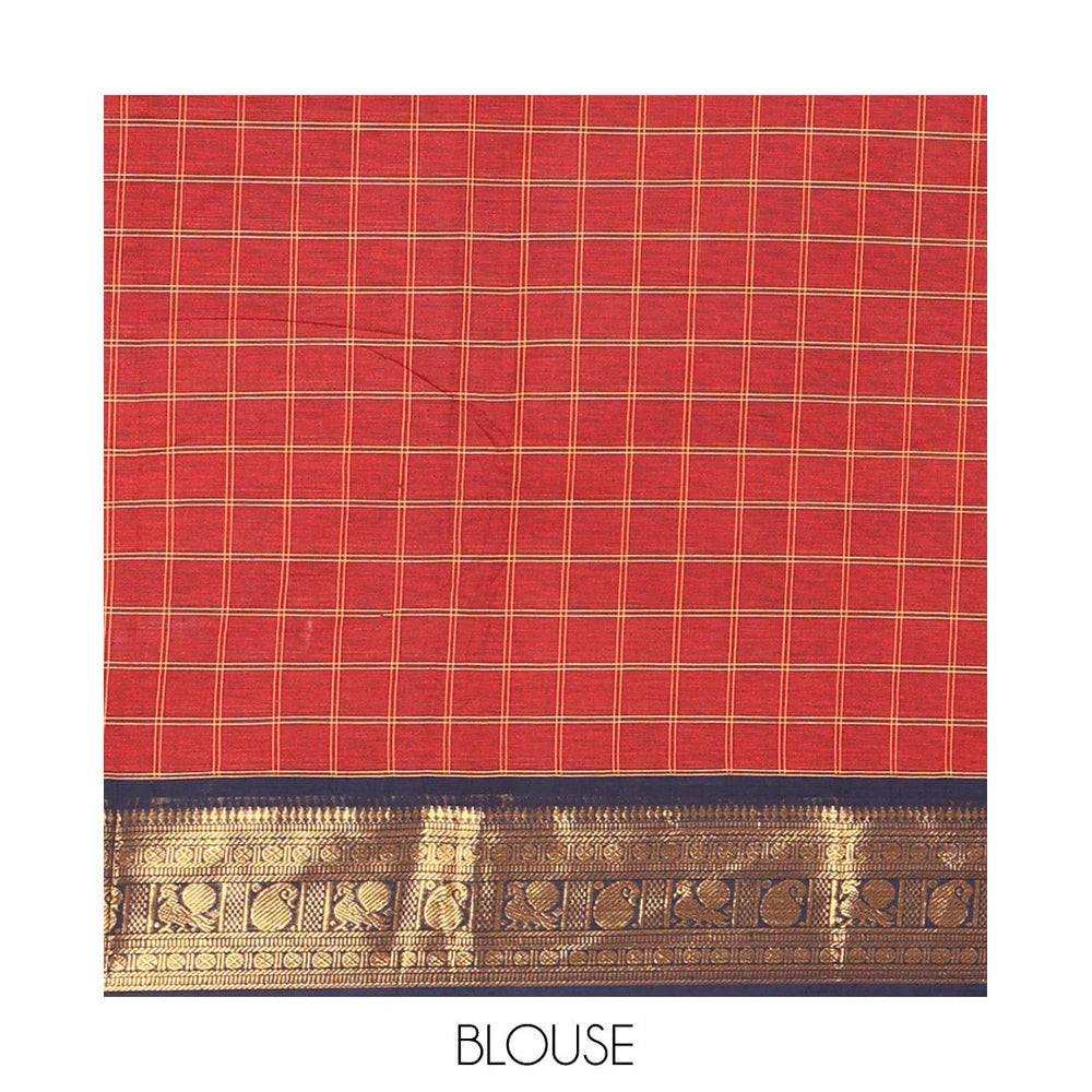 Pothys Maroon Chettinad Cotton Saree, Adorned with Buttas Enclosed Checks, Contrast Traditional Zari Border, and a Matching Blouse