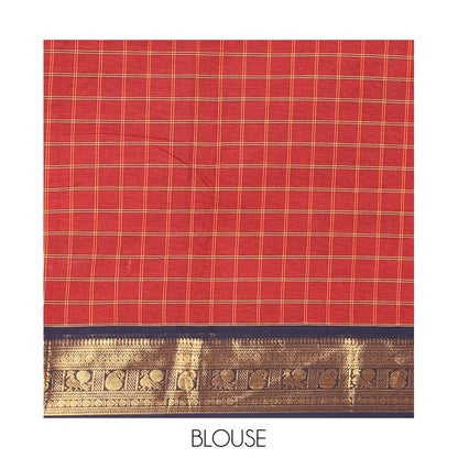 Pothys Maroon Chettinad Cotton Saree, Adorned with Buttas Enclosed Checks, Contrast Traditional Zari Border, and a Matching Blouse
