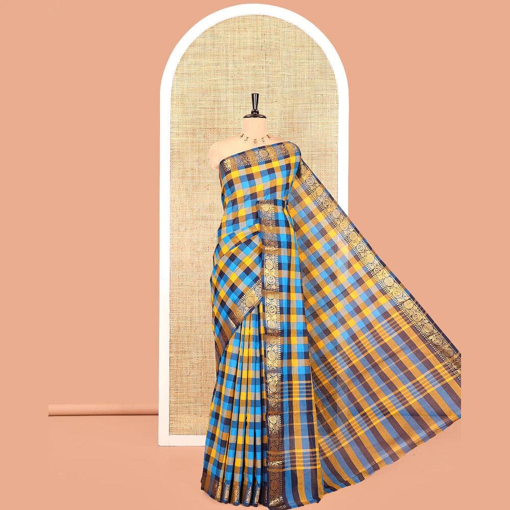 Pothys Blue-Yellow Chettinad Cotton Saree, Elevated with Madras Checks, a Zari Floral Creeper Border, and No Blouse