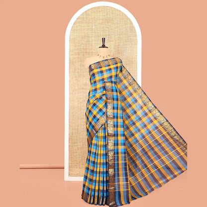 Pothys Blue-Yellow Chettinad Cotton Saree, Elevated with Madras Checks, a Zari Floral Creeper Border, and No Blouse
