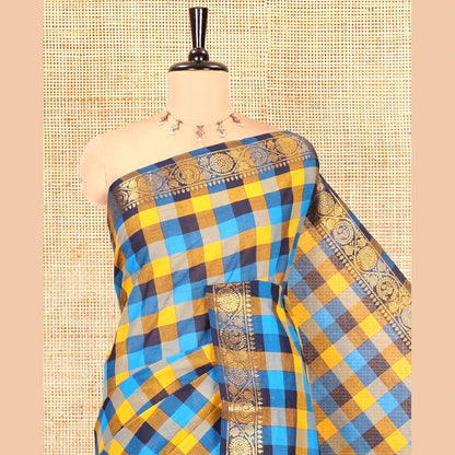 Pothys Blue-Yellow Chettinad Cotton Saree, Elevated with Madras Checks, a Zari Floral Creeper Border, and No Blouse