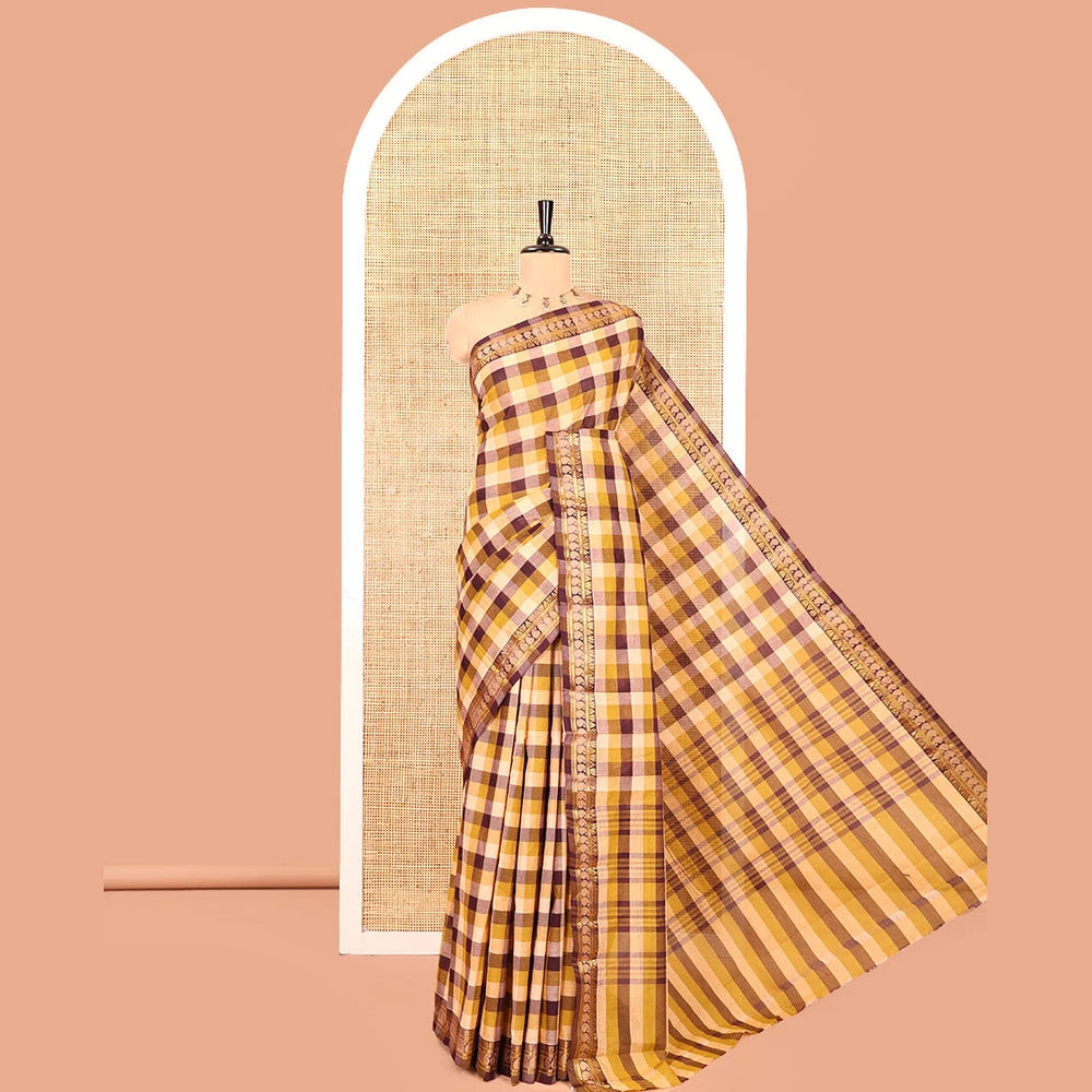Pothys Peach-Brown Chettinad Cotton Saree, Adorned with Madras Checks, a Zari Traditional Border, and No Blouse