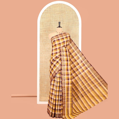 Pothys Peach-Brown Chettinad Cotton Saree, Adorned with Madras Checks, a Zari Traditional Border, and No Blouse