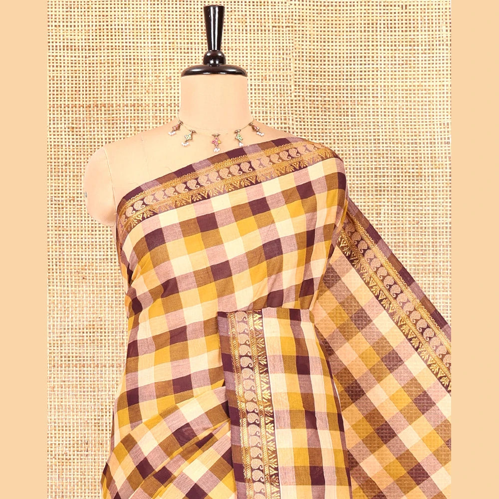 Pothys Peach-Brown Chettinad Cotton Saree, Adorned with Madras Checks, a Zari Traditional Border, and No Blouse
