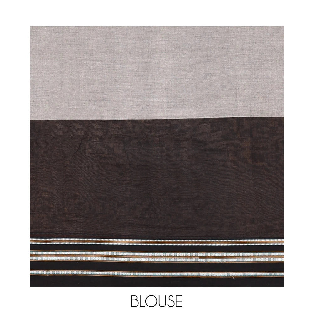 Pothys Grey Plain Narayanpet Cotton Saree, Complemented by a Contrast Ganga-Jamuna Thread Border, Pallu of Stripes and Buttas, and a Matching Blouse