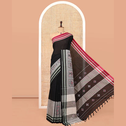 Pothys Black Plain Narayanpet Cotton Saree, Complemented by a Contrast Ganga-Jamuna Thread Border, Pallu of Stripes and Buttas, and a Matching Blouse