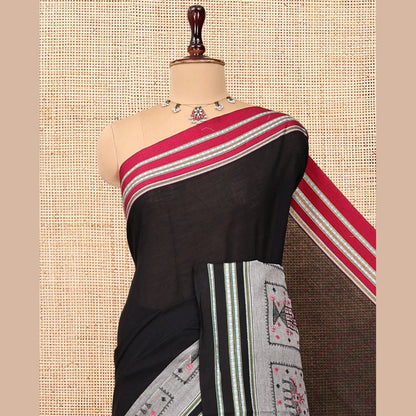 Pothys Black Plain Narayanpet Cotton Saree, Complemented by a Contrast Ganga-Jamuna Thread Border, Pallu of Stripes and Buttas, and a Matching Blouse