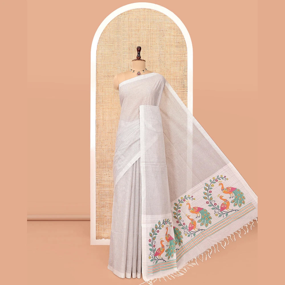 Pothys Borderless Off-White Jute Cotton Saree, Sparsely Woven with Stripes, a Self-Pallu Depicts Peacock Designs, and a Matching Blouse