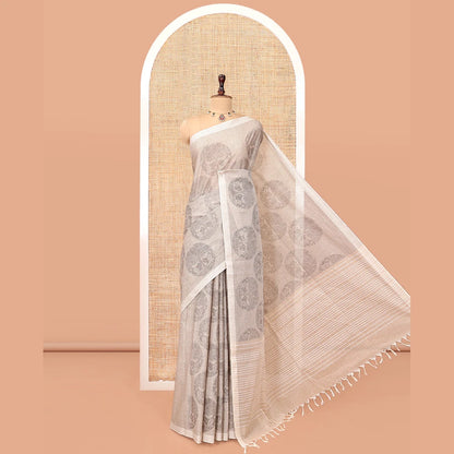 Pothys Beige Jute Cotton Saree, Sparsely Sparkled with Round Motifs and Stripes, Striped Pallu, and a Contrast Blouse