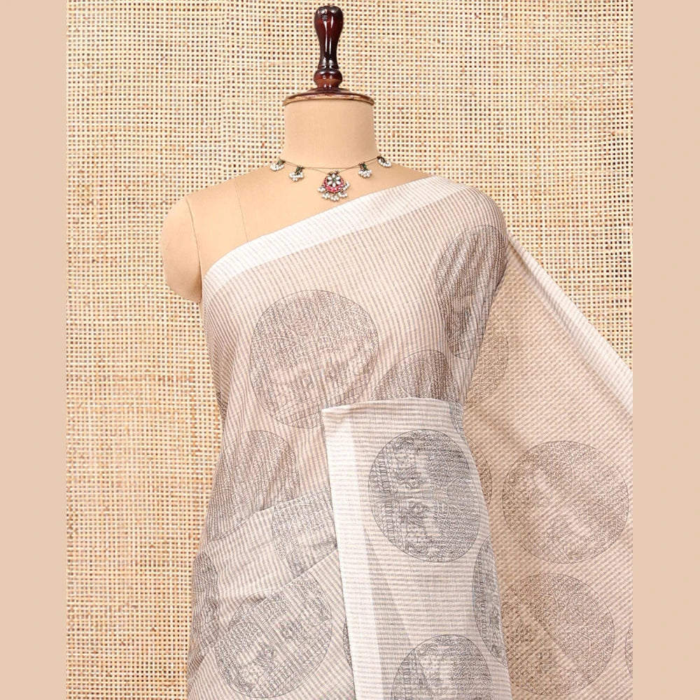 Pothys Beige Jute Cotton Saree, Sparsely Sparkled with Round Motifs and Stripes, Striped Pallu, and a Contrast Blouse