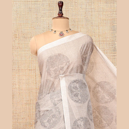 Pothys Beige Jute Cotton Saree, Sparsely Sparkled with Round Motifs and Stripes, Striped Pallu, and a Contrast Blouse